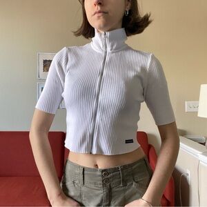 Calvin Klein Jeans white zip-up short sleeve mockneck crop top